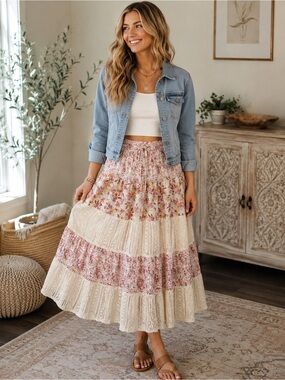 POL Boutique Patchwork Boho Maxi Skirt | EUC | Size S/M